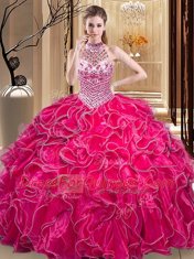 Best Selling Hot Pink Lace Up Halter Top Beading and Ruffles Sweet 16 Dress Organza Sleeveless