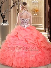 Edgy Halter Top Floor Length Lace Up Sweet 16 Quinceanera Dress Lilac for Military Ball and Sweet 16 and Quinceanera with Beading and Ruffles and Pick Ups