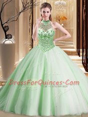 With Train Apple Green Ball Gown Prom Dress Halter Top Sleeveless Brush Train Lace Up