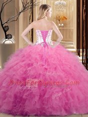 Top Selling Floor Length Lace Up 15 Quinceanera Dress Rose Pink for Military Ball and Sweet 16 and Quinceanera with Embroidery