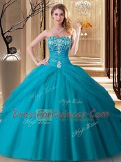 Latest Sweetheart Sleeveless Lace Up Sweet 16 Quinceanera Dress Teal Tulle