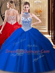 Custom Design Royal Blue Halter Top Neckline Beading and Pick Ups Quinceanera Dress Sleeveless Lace Up