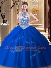 Custom Design Royal Blue Halter Top Neckline Beading and Pick Ups Quinceanera Dress Sleeveless Lace Up