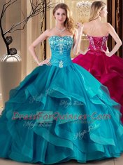 Exceptional Teal Sweetheart Neckline Embroidery and Ruffles 15th Birthday Dress Sleeveless Lace Up