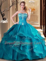 Exceptional Teal Sweetheart Neckline Embroidery and Ruffles 15th Birthday Dress Sleeveless Lace Up