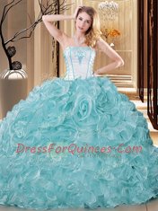 Unique Floor Length Lace Up 15 Quinceanera Dress Blue And White for Military Ball and Sweet 16 with Embroidery and Ruffles