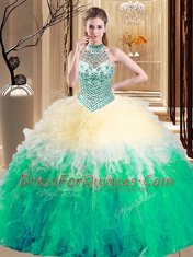 Popular Halter Top Floor Length Multi-color Quince Ball Gowns Tulle Sleeveless Beading and Ruffles