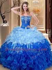 Best Multi-color and Blue And White Sleeveless Floor Length Embroidery and Ruffles Lace Up Quinceanera Gown