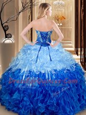 Best Multi-color and Blue And White Sleeveless Floor Length Embroidery and Ruffles Lace Up Quinceanera Gown