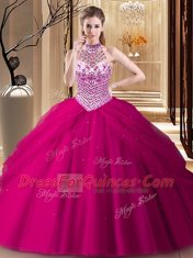 Fitting Fuchsia Halter Top Lace Up Beading and Pick Ups Quinceanera Gowns Brush Train Sleeveless