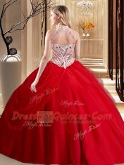 Fitting Fuchsia Halter Top Lace Up Beading and Pick Ups Quinceanera Gowns Brush Train Sleeveless