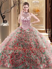 Delicate Halter Top With Train Lace Up Quinceanera Gown Multi-color for Military Ball and Sweet 16 and Quinceanera with Beading Brush Train