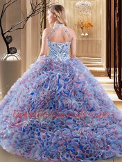 Delicate Halter Top With Train Lace Up Quinceanera Gown Multi-color for Military Ball and Sweet 16 and Quinceanera with Beading Brush Train