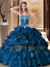 Luxury Sweetheart Sleeveless 15 Quinceanera Dress Floor Length Embroidery and Ruffles Royal Blue Organza