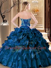 Luxury Sweetheart Sleeveless 15 Quinceanera Dress Floor Length Embroidery and Ruffles Royal Blue Organza