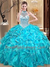 Aqua Blue Ball Gowns Halter Top Sleeveless Organza Floor Length Lace Up Beading and Ruffles Sweet 16 Dresses