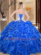 Strapless Sleeveless Ball Gown Prom Dress Floor Length Embroidery and Ruffles Royal Blue Organza