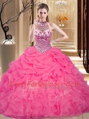 Flirting Hot Pink Ball Gowns Halter Top Sleeveless Organza Floor Length Lace Up Beading and Ruffles and Pick Ups 15th Birthday Dress