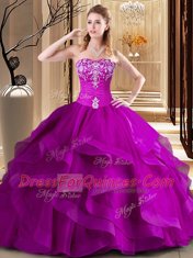 On Sale Fuchsia Lace Up Quinceanera Gowns Embroidery and Ruffles Sleeveless Floor Length