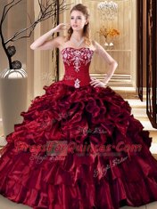 Discount Wine Red Ball Gowns Organza Sweetheart Sleeveless Embroidery and Ruffles Floor Length Lace Up Quinceanera Gowns