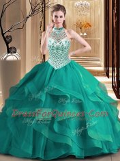 Dark Green Halter Top Neckline Beading and Ruffles Quinceanera Dress Sleeveless Lace Up