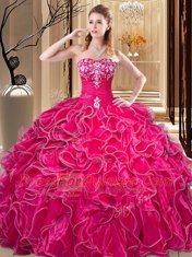 Hot Pink Lace Up 15th Birthday Dress Embroidery and Ruffles Sleeveless Floor Length