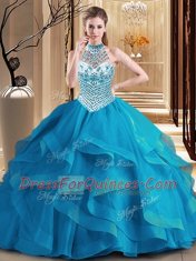 Wonderful Halter Top Blue Sleeveless Brush Train Beading and Ruffles With Train Quinceanera Dresses