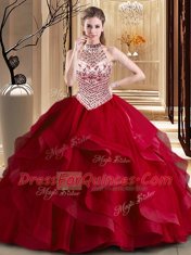 Brush Train Ball Gowns Quince Ball Gowns Wine Red Halter Top Tulle Sleeveless With Train Lace Up