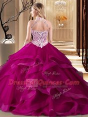 Brush Train Ball Gowns Quince Ball Gowns Wine Red Halter Top Tulle Sleeveless With Train Lace Up