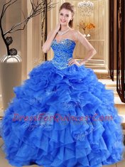 Cute Royal Blue Ball Gowns Tulle Sweetheart Sleeveless Beading and Ruffles Floor Length Lace Up Quinceanera Dress