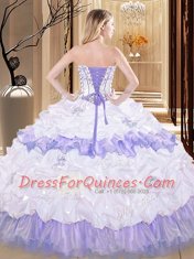White And Purple Sleeveless Floor Length Embroidery and Ruffled Layers Lace Up Quince Ball Gowns