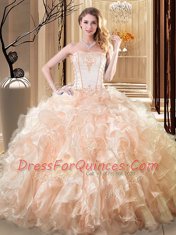 Yellow Lace Up Strapless Embroidery and Ruffles Vestidos de Quinceanera Organza Sleeveless