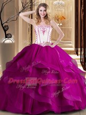 Hot Sale Fuchsia Ball Gowns Embroidery 15th Birthday Dress Lace Up Tulle Sleeveless Floor Length