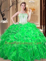 Enchanting Floor Length Green Ball Gown Prom Dress Organza Sleeveless Embroidery and Ruffles