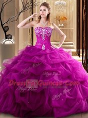 Cute Fuchsia Tulle Lace Up Vestidos de Quinceanera Sleeveless Floor Length Embroidery and Pick Ups