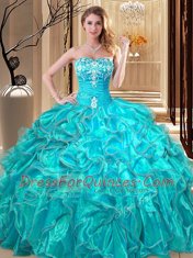 Aqua Blue Sleeveless Floor Length Embroidery and Ruffles Lace Up 15th Birthday Dress
