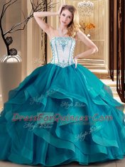 Hot Selling Teal Sleeveless Embroidery Floor Length 15th Birthday Dress
