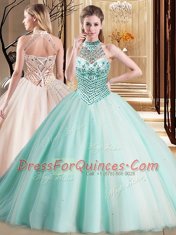 Custom Designed Halter Top Aqua Blue Lace Up Quince Ball Gowns Beading Sleeveless With Brush Train