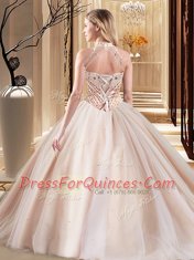 Custom Designed Halter Top Aqua Blue Lace Up Quince Ball Gowns Beading Sleeveless With Brush Train