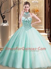 Custom Designed Halter Top Aqua Blue Lace Up Quince Ball Gowns Beading Sleeveless With Brush Train