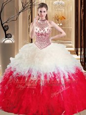 Halter Top Floor Length Ball Gowns Sleeveless White And Red Quinceanera Gowns Lace Up