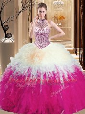 Adorable Multi-color Ball Gowns Halter Top Sleeveless Tulle Floor Length Lace Up Beading and Ruffles Quinceanera Gowns