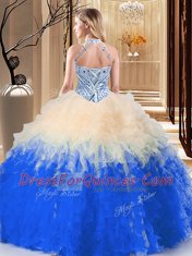 Adorable Multi-color Ball Gowns Halter Top Sleeveless Tulle Floor Length Lace Up Beading and Ruffles Quinceanera Gowns