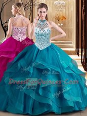 Decent Teal Halter Top Neckline Beading and Ruffles Quinceanera Dresses Sleeveless Lace Up
