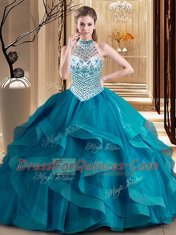 Decent Teal Halter Top Neckline Beading and Ruffles Quinceanera Dresses Sleeveless Lace Up