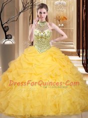 Pick Ups Floor Length Yellow Quinceanera Gowns Halter Top Sleeveless Lace Up
