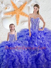 Graceful Beading and Ruffles Quinceanera Gown Blue Lace Up Sleeveless Floor Length