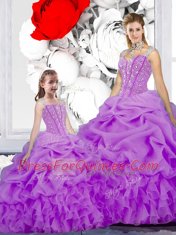 Discount Straps Sleeveless Floor Length Beading and Ruffles and Pick Ups Lace Up Quinceanera Gowns with Purple