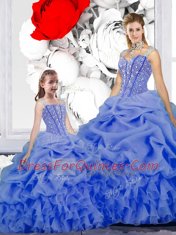 Cute Pick Ups Straps Sleeveless Lace Up Quinceanera Dress Blue Organza