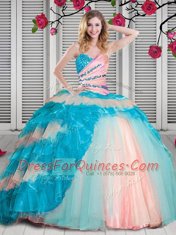 Beading and Ruching 15th Birthday Dress Multi-color Lace Up Sleeveless Floor Length